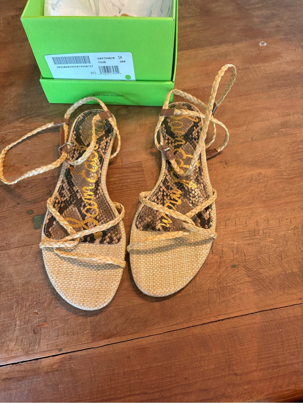 Sam Edelman Tan Braided Raffia Sandals with Snake-Print Insole
